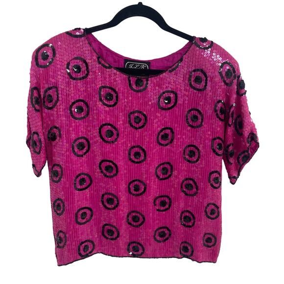 Vintage JLB Pure Silk Pink Black Polka Dot Sequin Embellished Top Medium AS IS - Picture 1 of 7